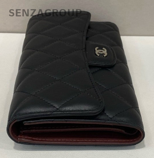 Chanel Diamond Long Wallet Clutch Black Silver Used Women Classic