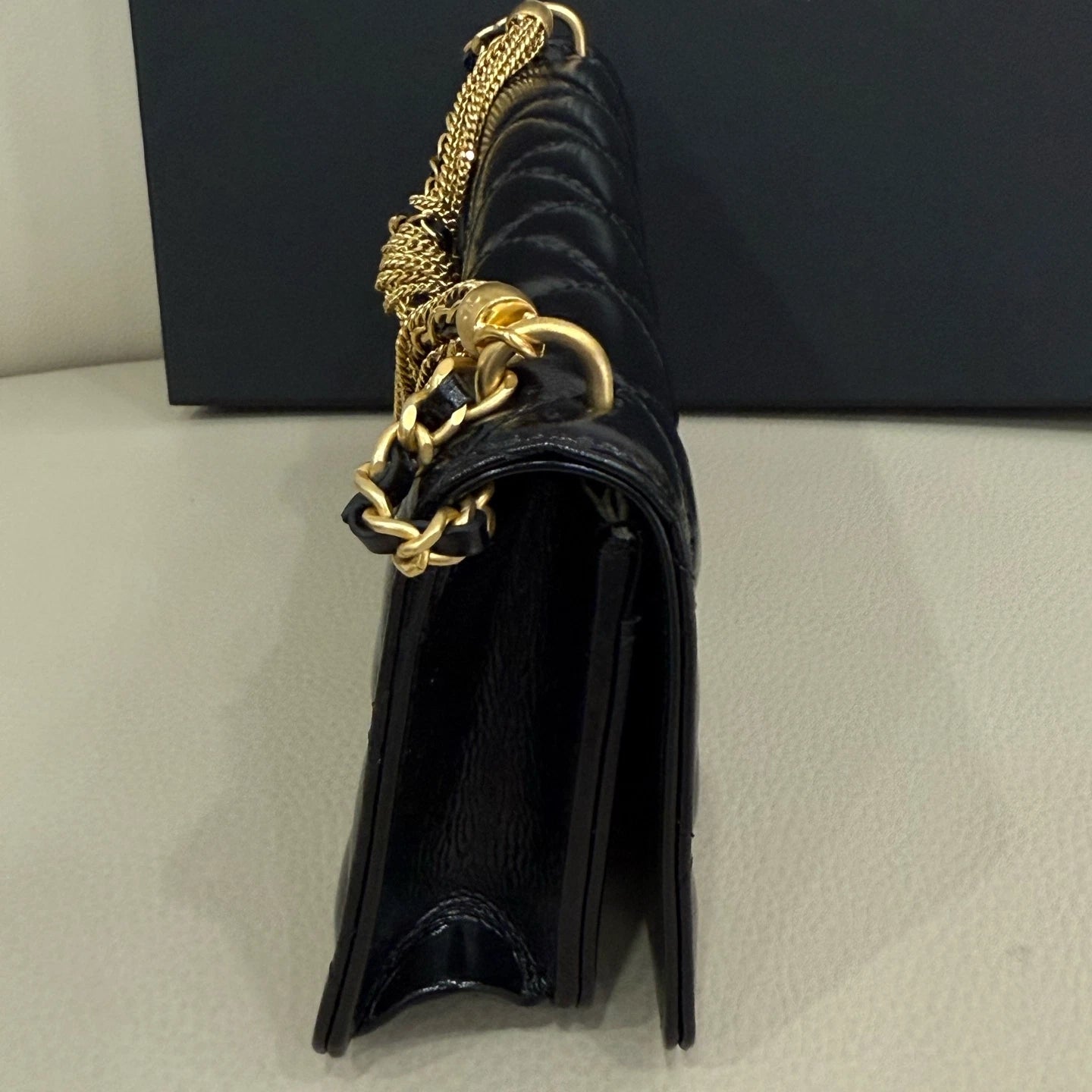 New CHANEL Black Quilted Waxed Leather Twist Chain WOC Crossbody Bag For Women