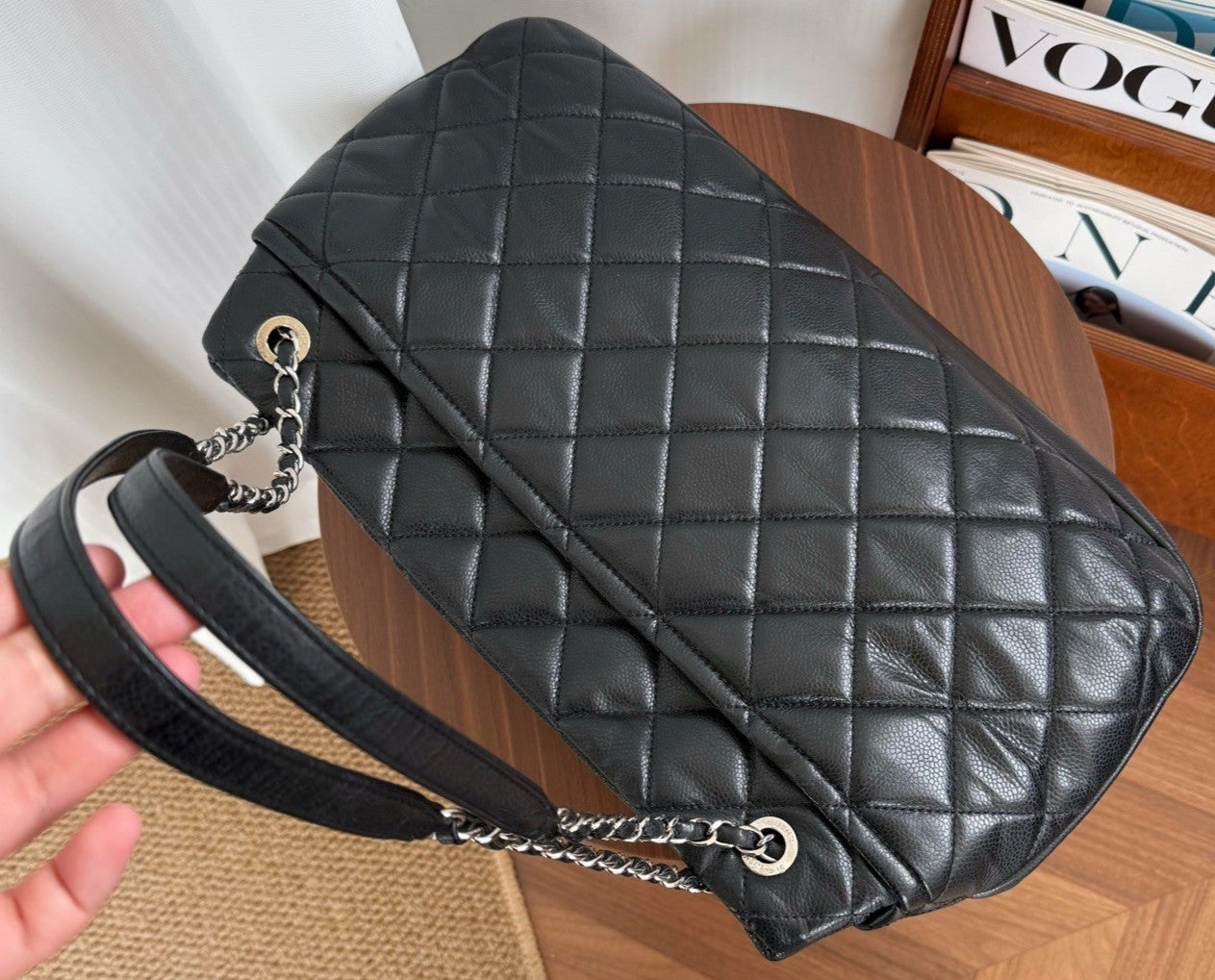 CHANEL Relief sculpture CC Chain Shoulder bag Black Silver tote Women