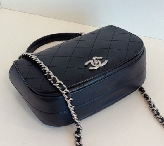 Chanel Diamond Calfskin 2Way Top Handle Chain Crossbody Black Silver Women