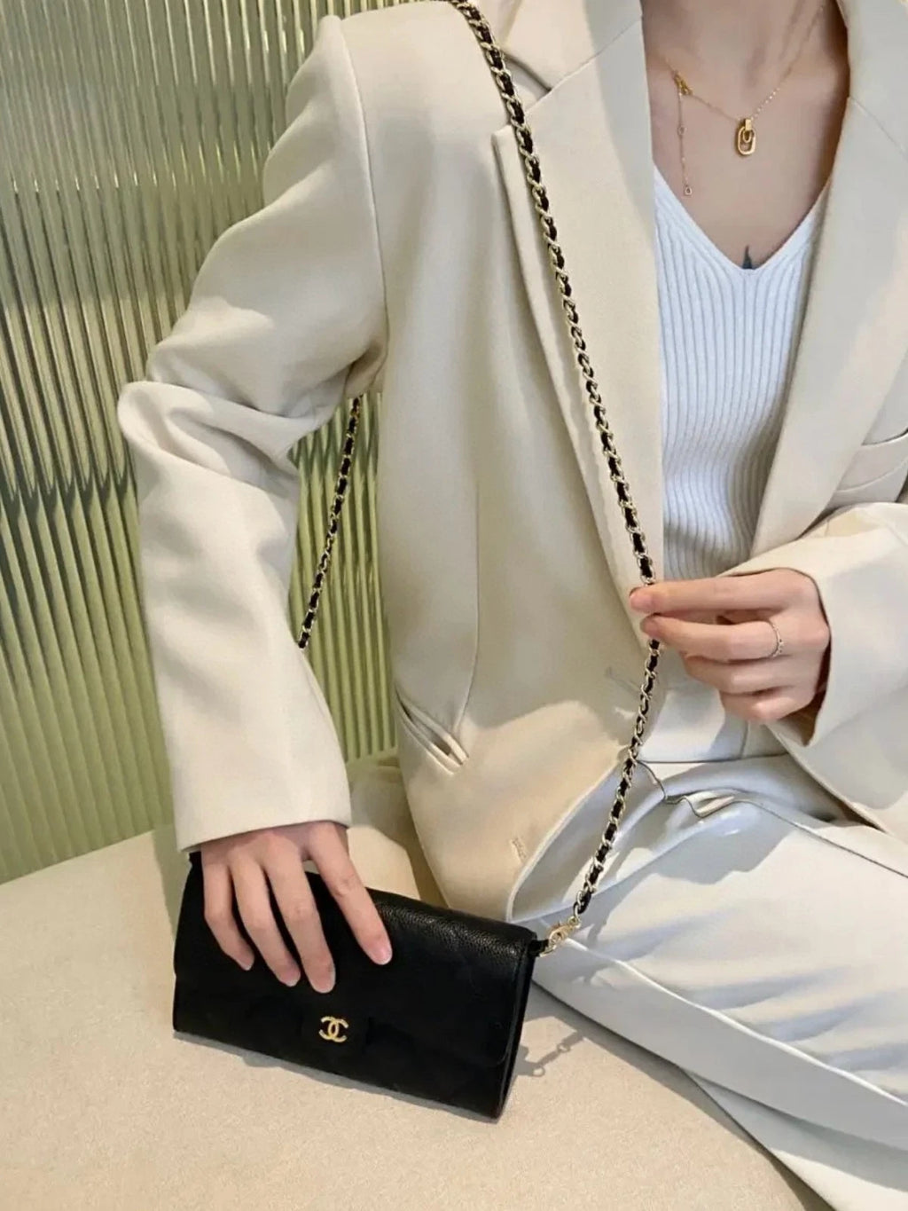 Chanel Classic Flap Long Wallet Diamond Black Gold Used Women