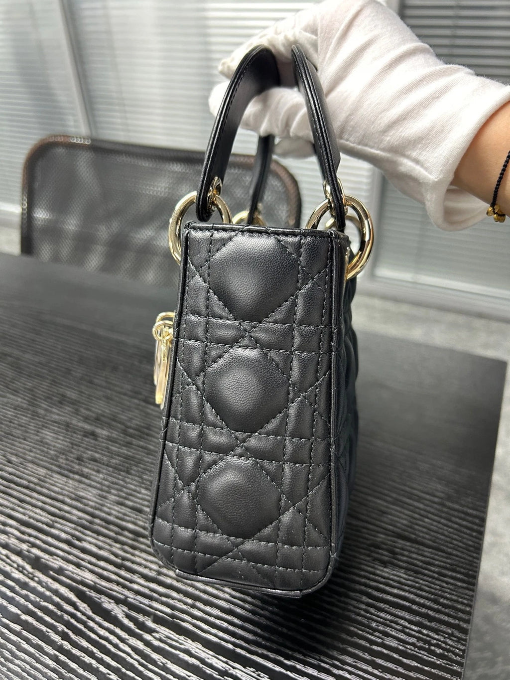 Dior Black Gold Lambskin 3-grid Lady Dior Chain Shoulder Bag For Women
