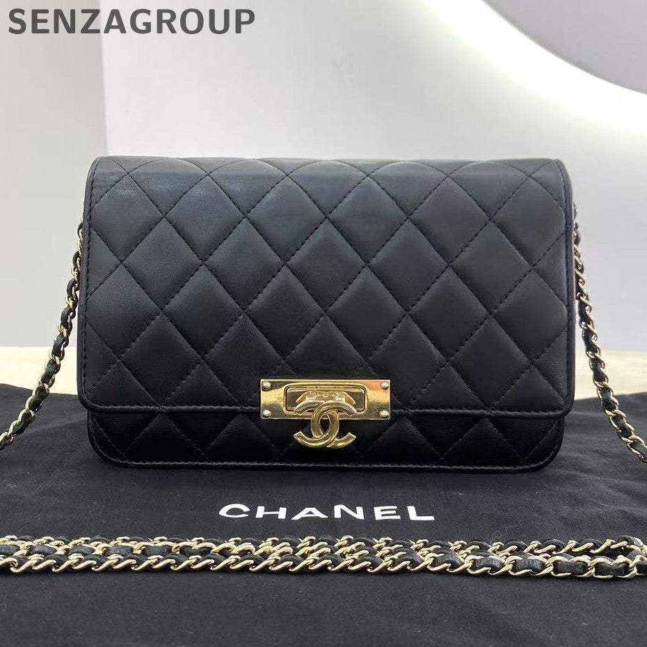 Chanel Black Lambskin Gold CC Logo WOC Chain Shoulder Crossbody Bag