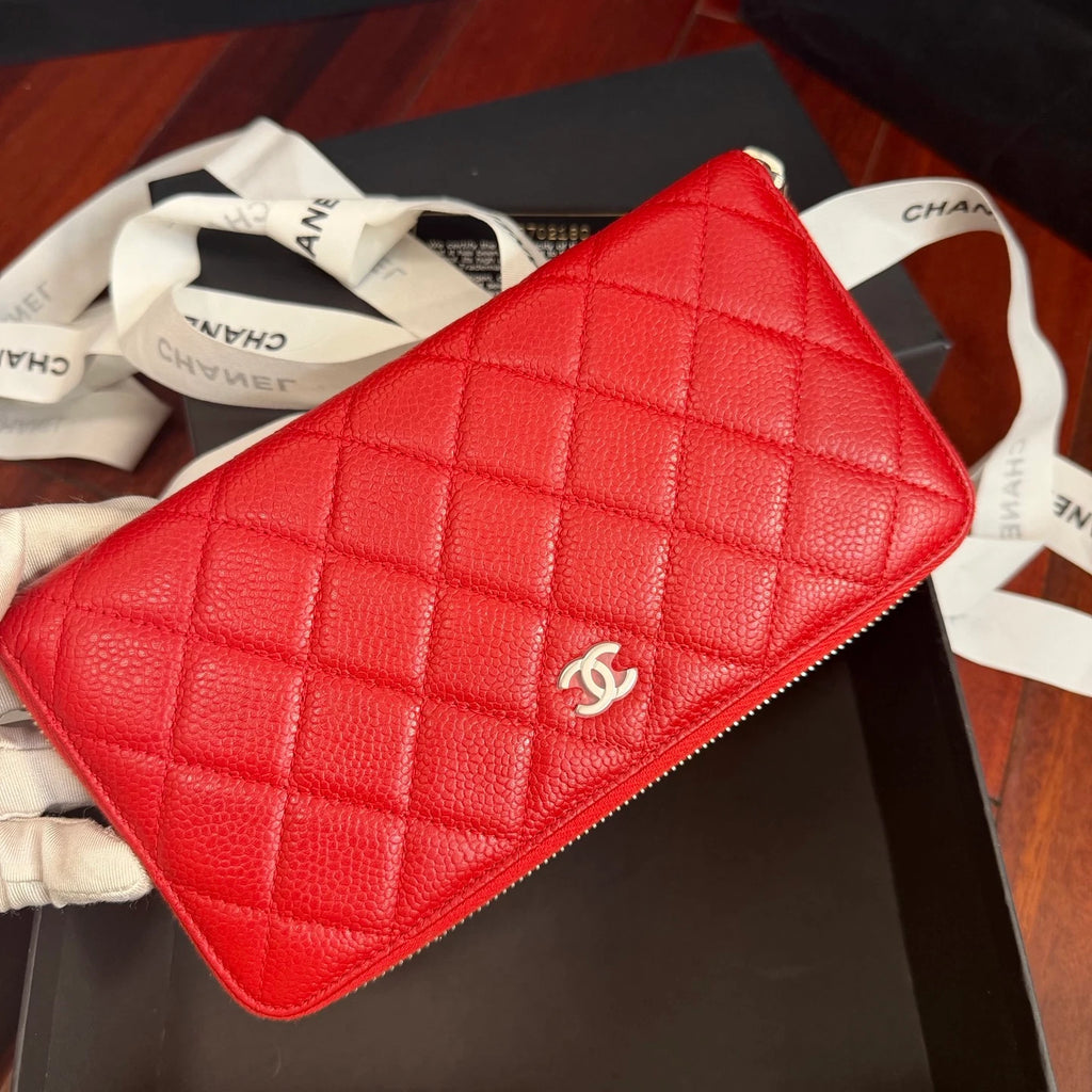 Chanel Diamond Long Wallet Red Silver Used Women Classic
