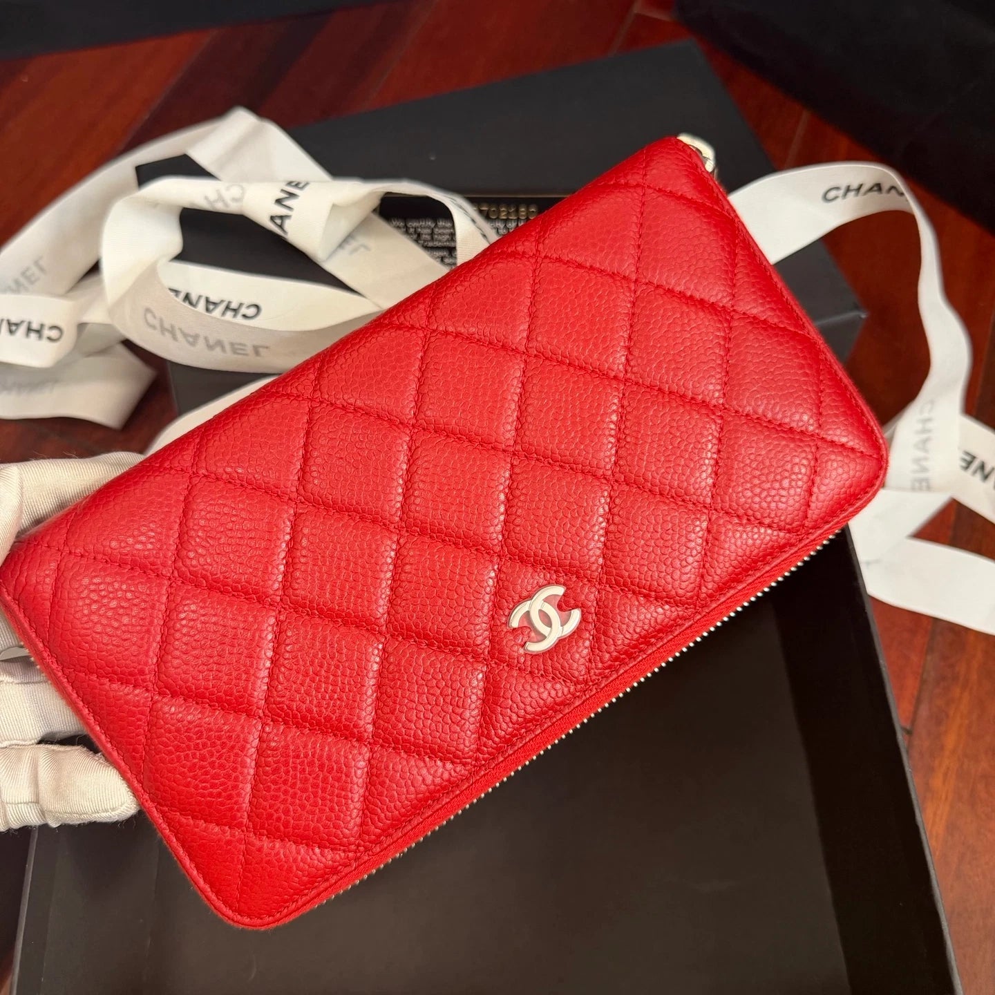 Chanel Diamond Long Wallet Red Silver Used Women Classic