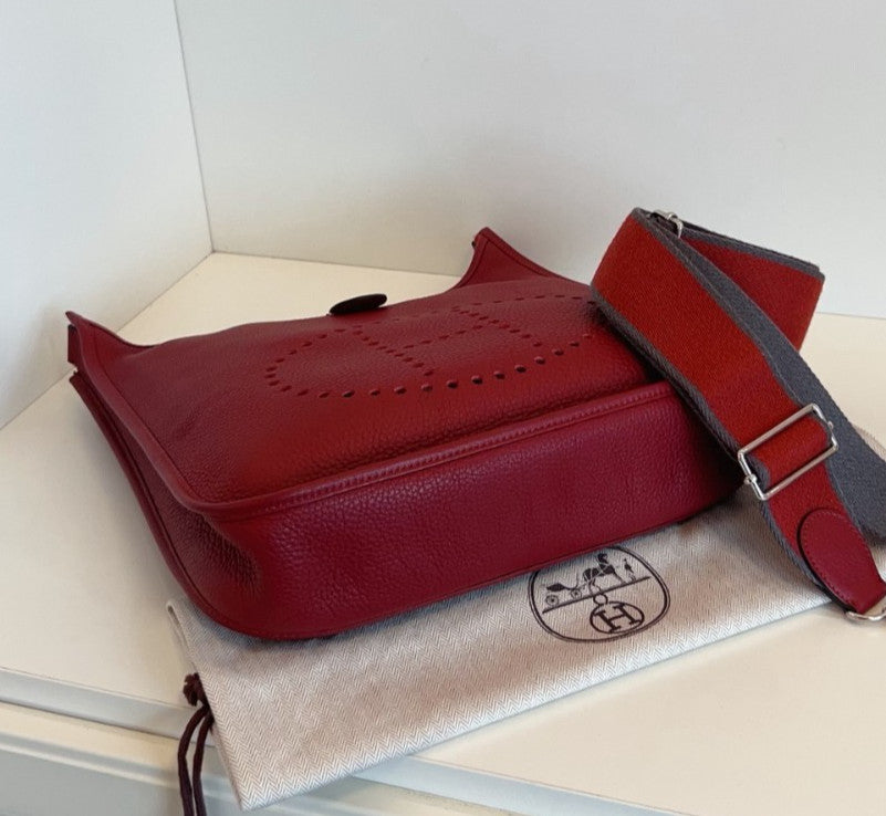 Hermes Evelyne GM Shoulder Bag Crossbody Red Silver Used Women Classic