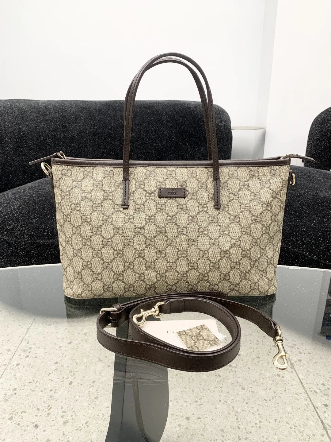 Gucci Tote PM Calfskin Monogram Shoulder Bag Brown Women Classic S
