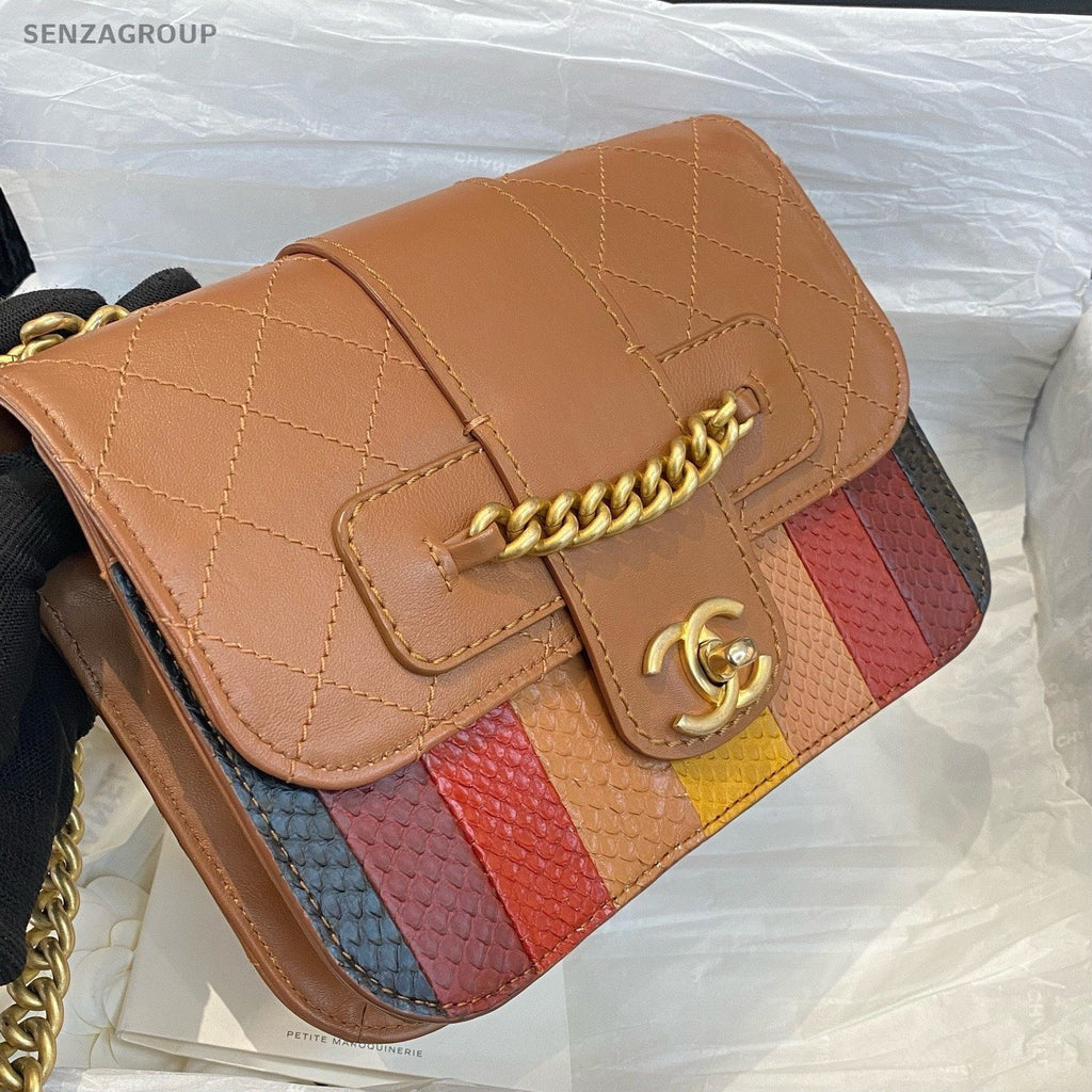 Chanel Bombay MM Calfskin Chain Shoulder Bag Crossbody Brown Gold Women Classic