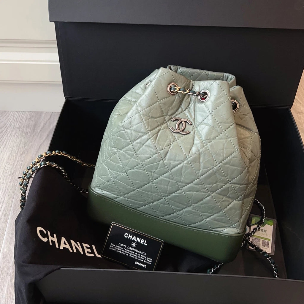 Chanel Gabrielle PM Calfskin Backpack Green Silver Diamond Women Classic