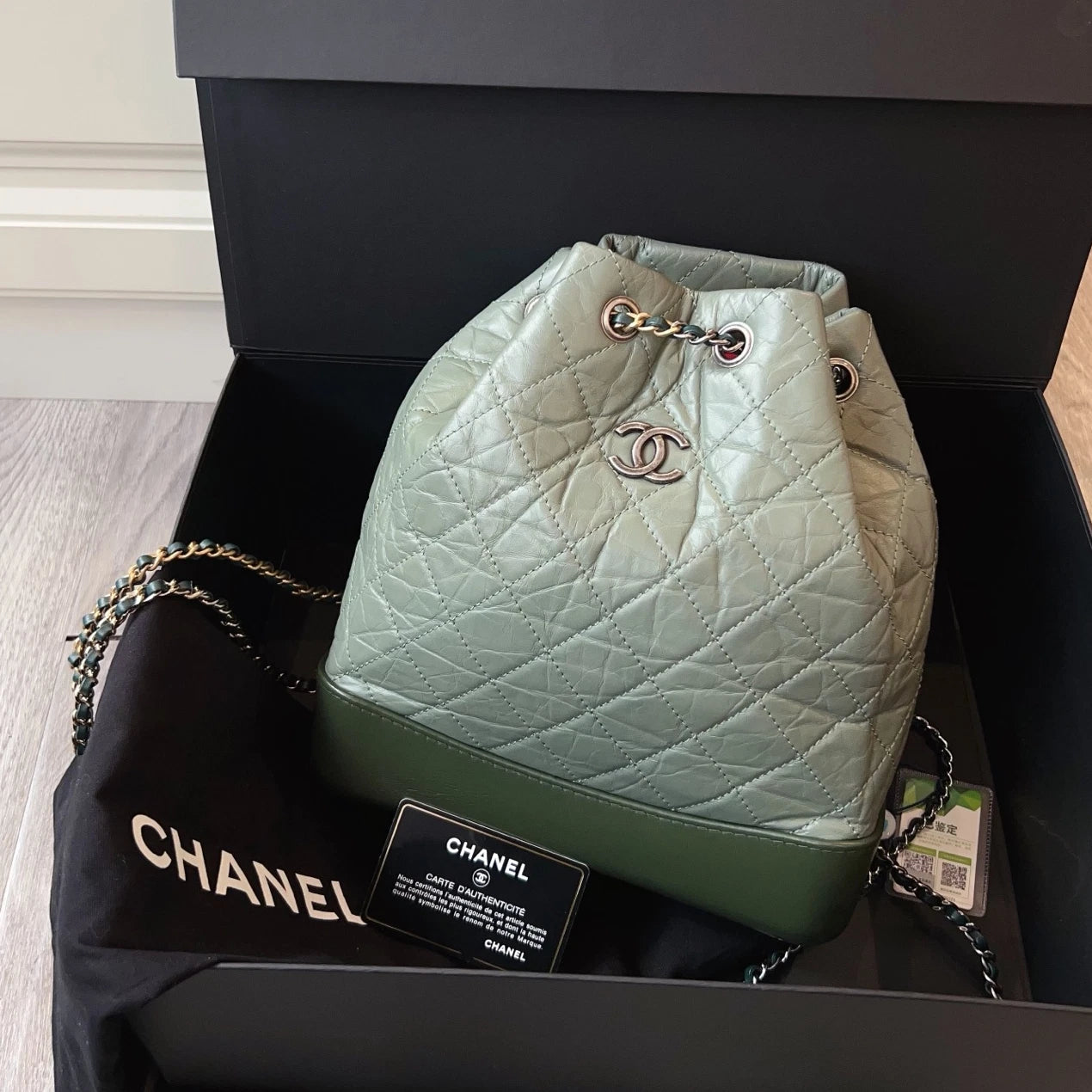 Chanel Gabrielle PM Calfskin Backpack Green Silver Diamond Women Classic