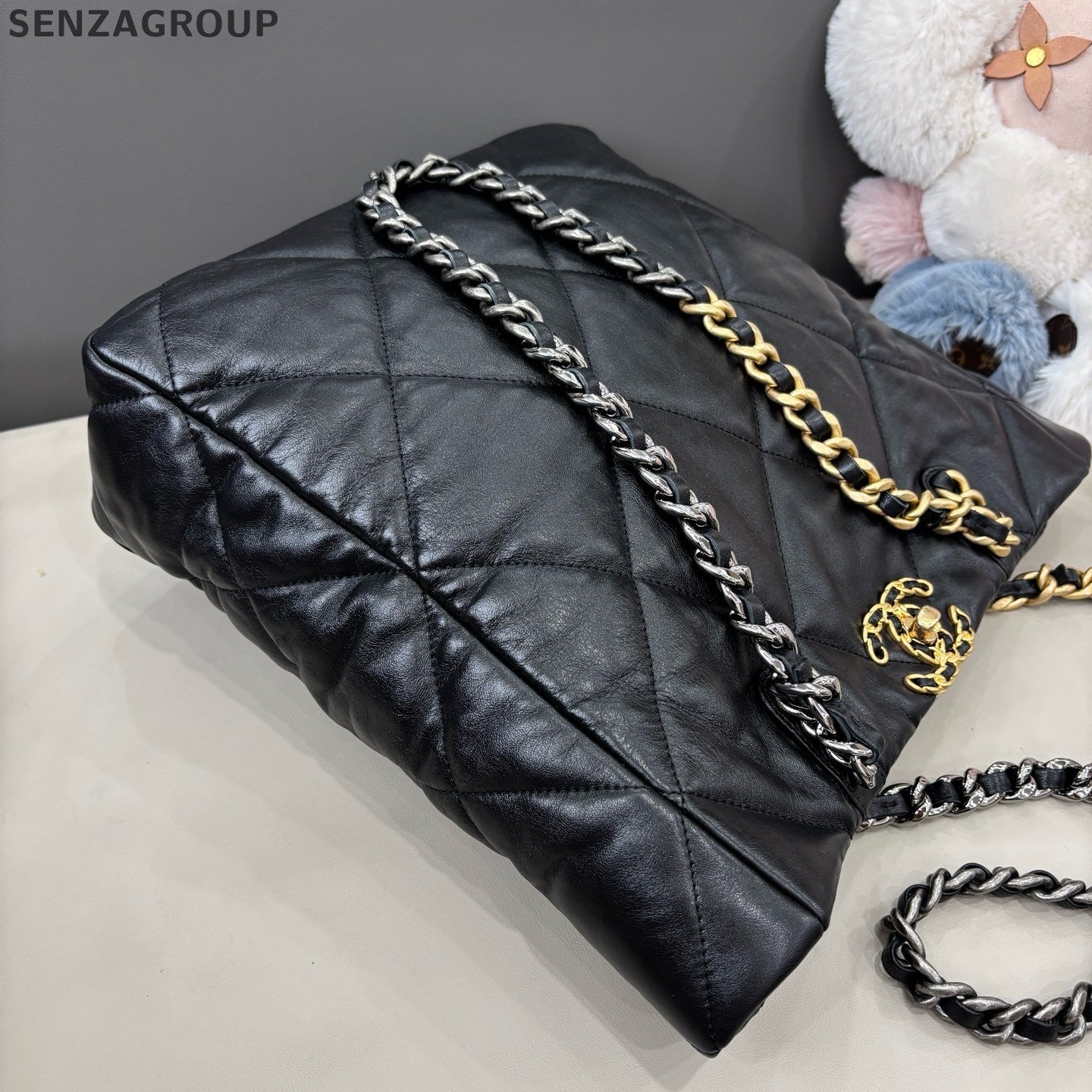 Chanel 19Bag Tote Chain Shoulder Bag Black Gold Diamond Women Classic