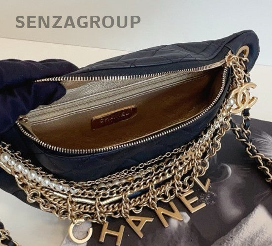 Chanel 19A Diamond Chain Bum Shoulder Bag Black Gold Used Women Classic Designer