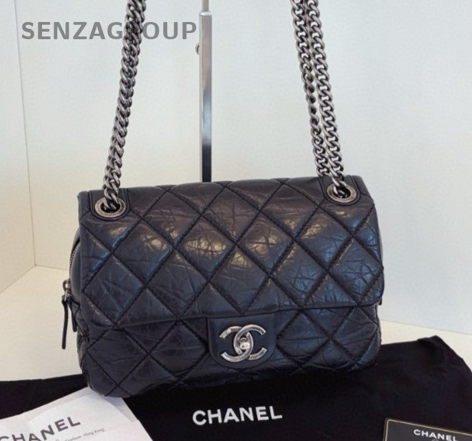 Chanel Classic Flap Chain Shoulder Bag Black Silver Diamond Used Women Fashion
