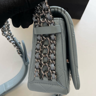 Chanel 22P Waterfall Chain Shoulder Bag Blue Silver Quilted