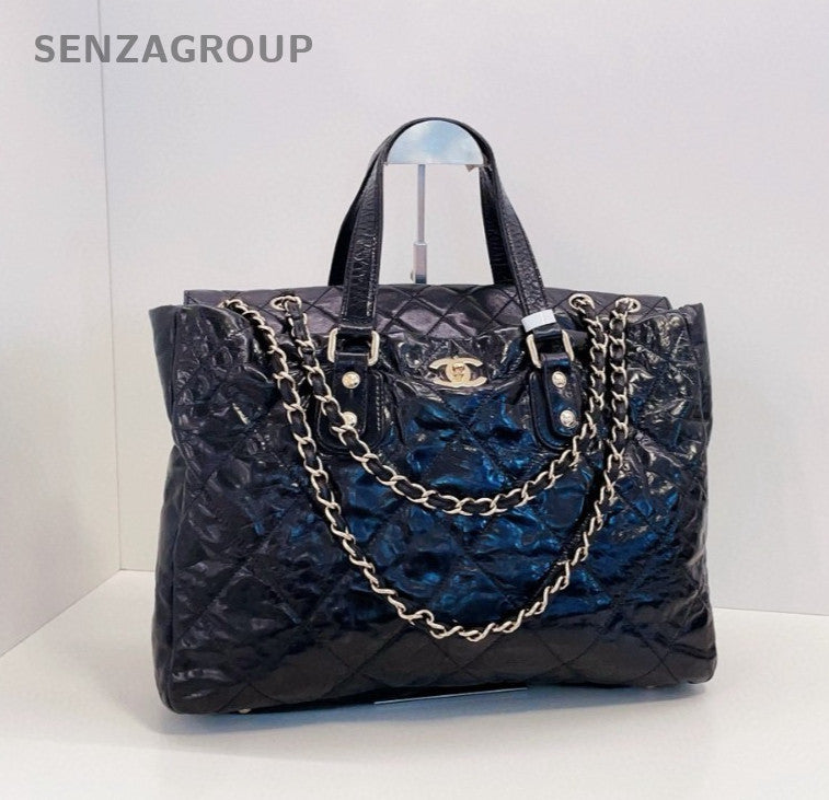 CHANEL Hobo Oil waxed leather Tote 2WAY Chain Shoulder Handbag Black Women
