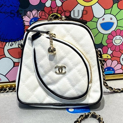 Chanel Mini White Gold Canvas & Calfskin Chain Shoulder Crossbody Clutch Bag