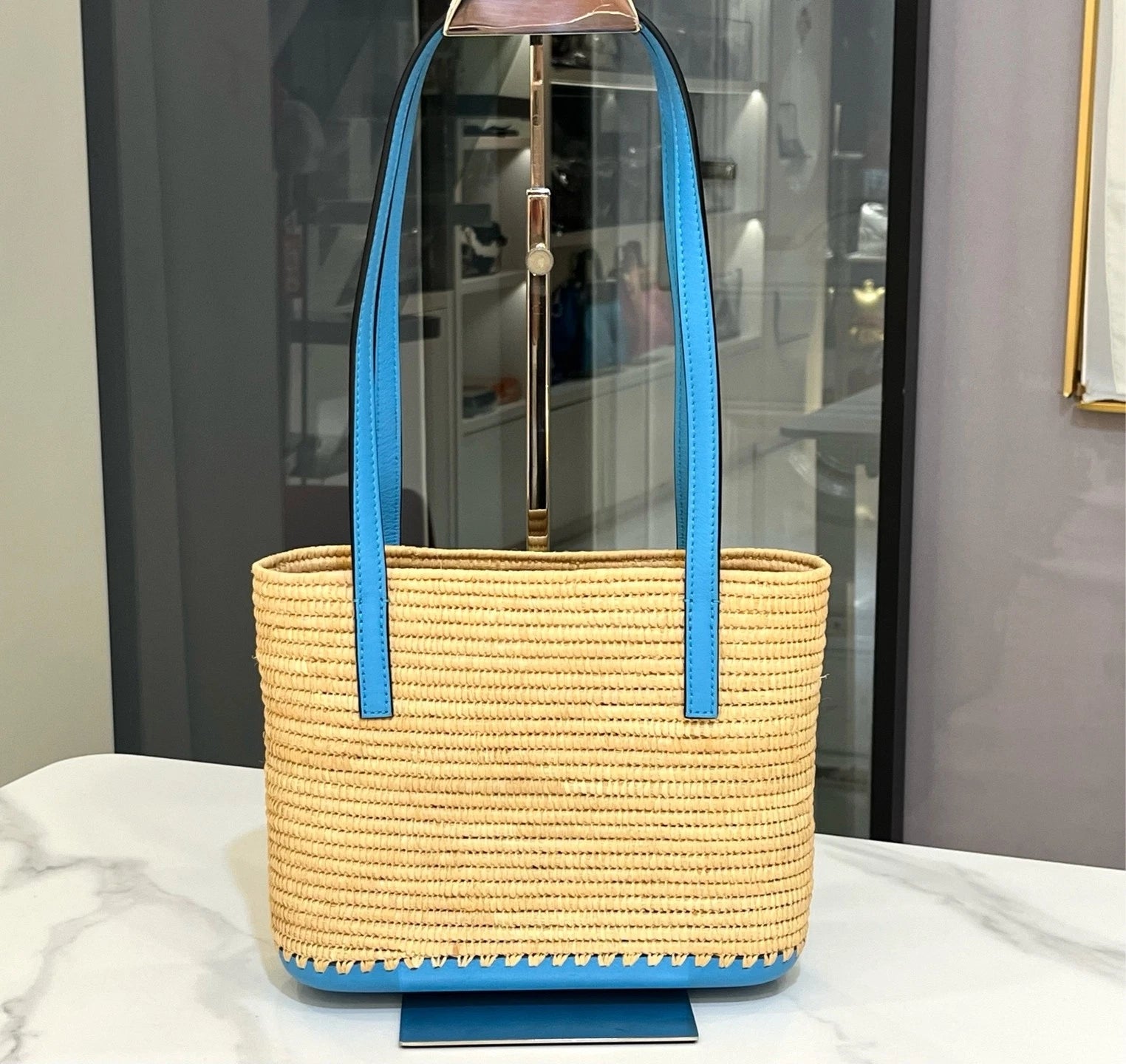 Loewe Mini Blue Straw Shoulder Bag For Women