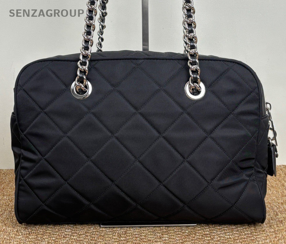 Prada Nylon Chain Shoulder Bag Black Silver Diamond Women Classic Fashion