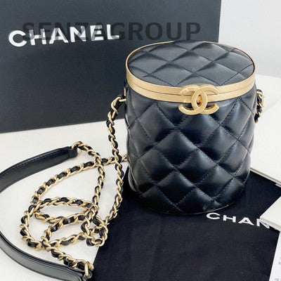 Chanel Black Quilted Lambskin Bucket Bag with Gold Chain Strap