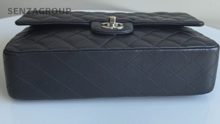 Chanel Classic Flap MM Lambskin Chain Shoulder Bag Black Silver Women Designer
