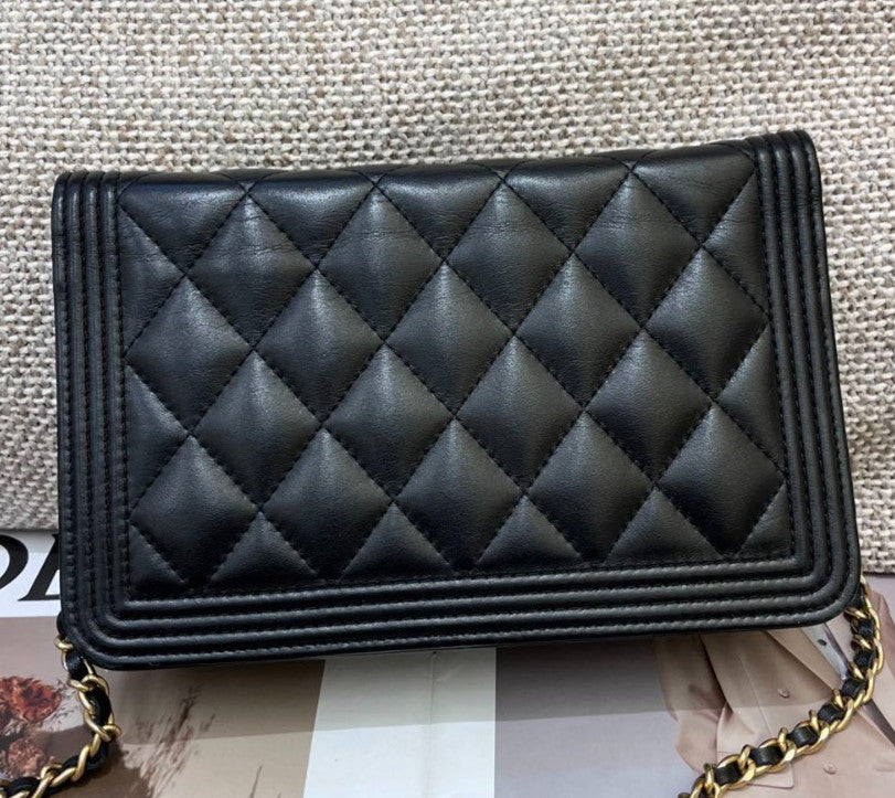 Chanel Leboy WOC Calfskin Chain Shoulder Bag Crossbody Black Gold Women Classic