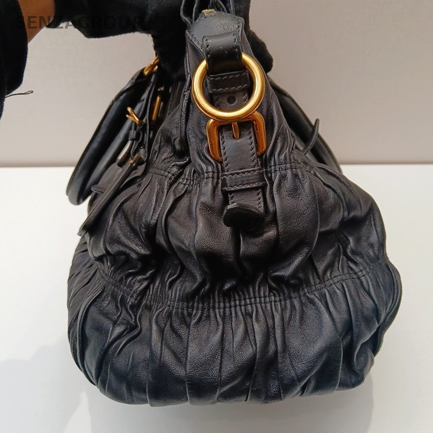 Prada Nappa Tote Black Gold Shoulder Bag Crossbody Used Women Classic Designer
