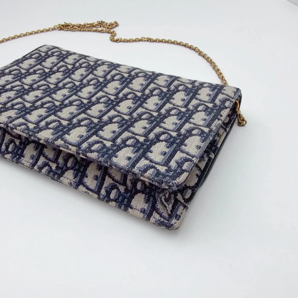 Christian Dior Oblique Canvas WOC Gold Chain Navy Shoulder Bag Crossbody