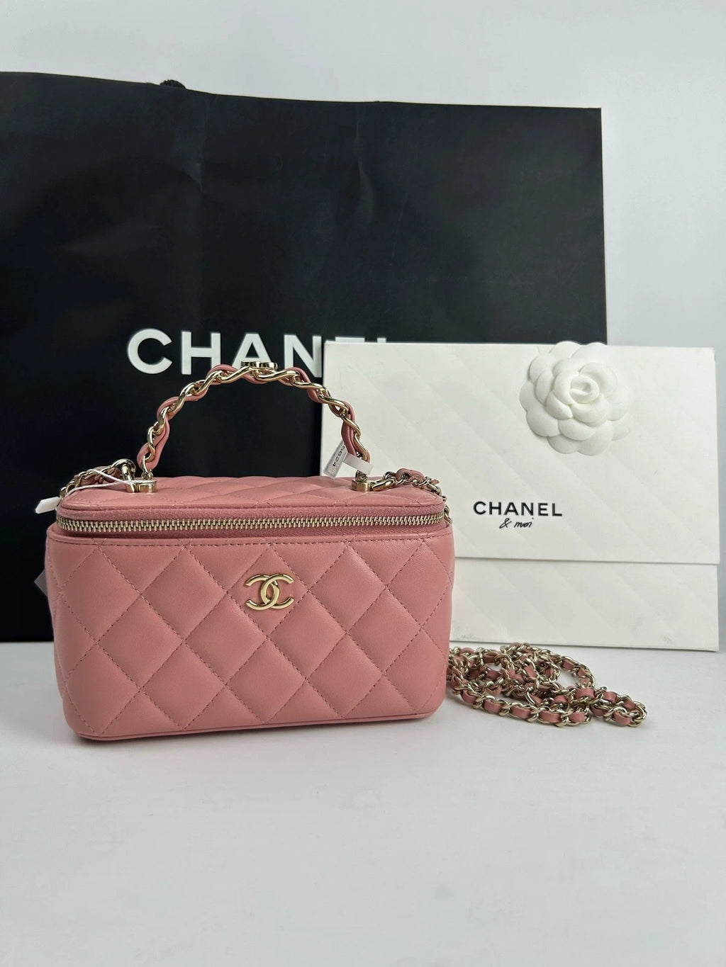 CHANEL Leather Pink Top Handle Long Box Bag For Women