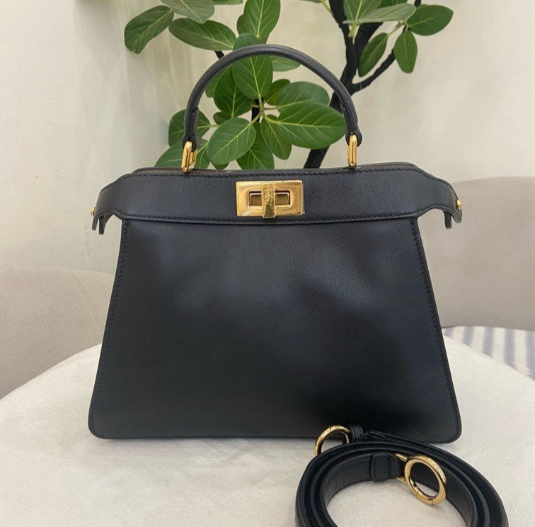 Fendi Peekaboo PM Top Handle Bag Crossbody Black Gold Used Women Classic