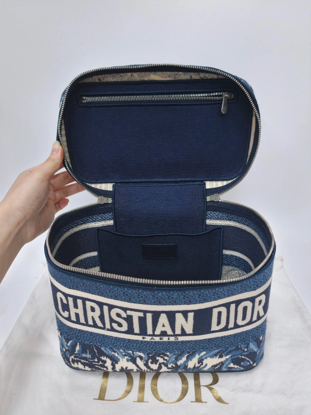 Christian Dior Travel Vanity Case Canvas Top Handle Bag Blue Silver Women