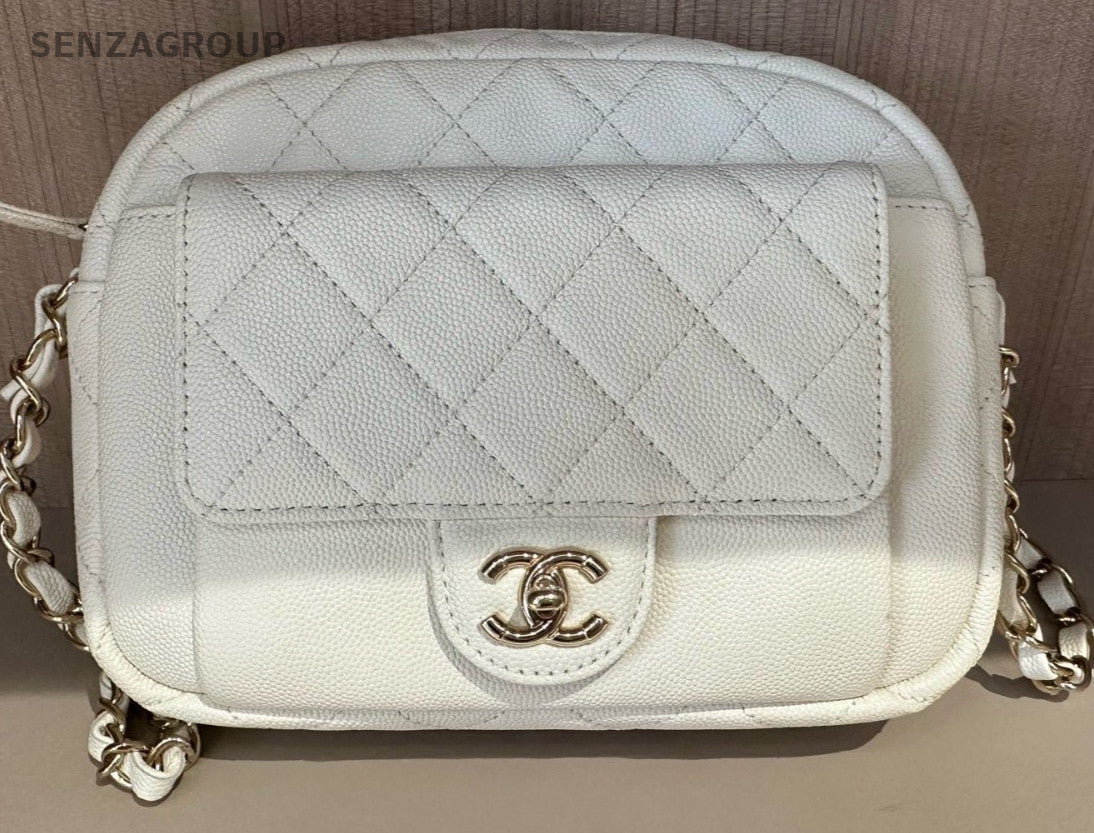 Chanel Diamond Pattern Chain Shoulder Bag Crossbody White Gold Women Classic