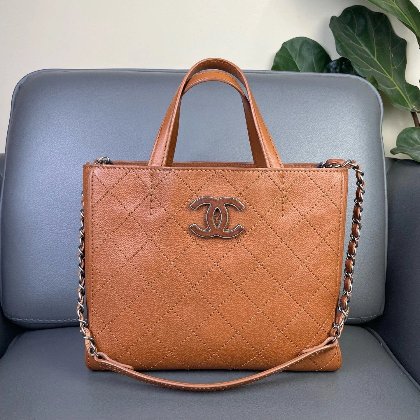 Vintage CHANEL Brown Leather Quilted Logo Tote Bag For Women