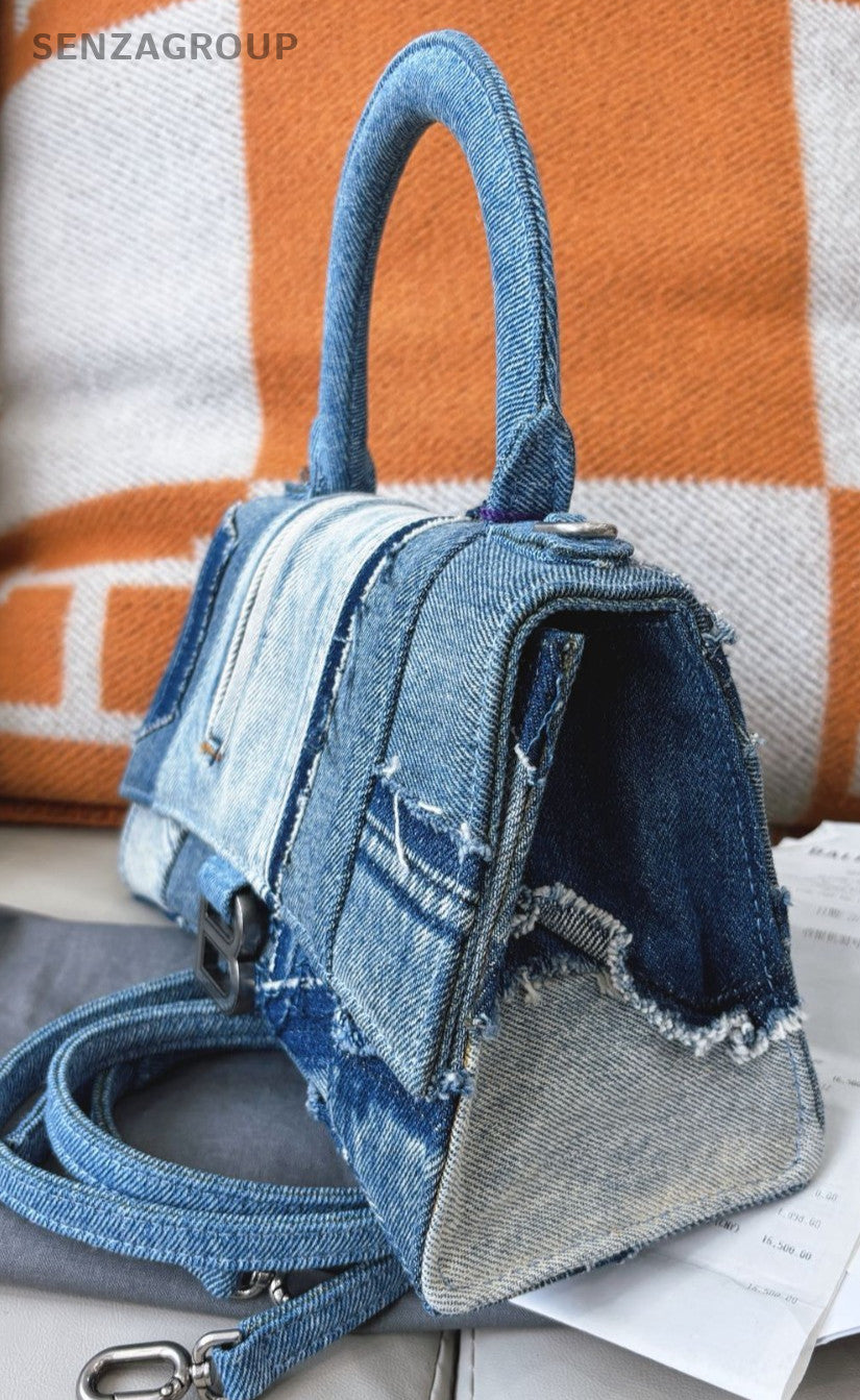 Balenciaga Hourglass Denim Top Handle 2WAY Shoulder Handbag Women Blue