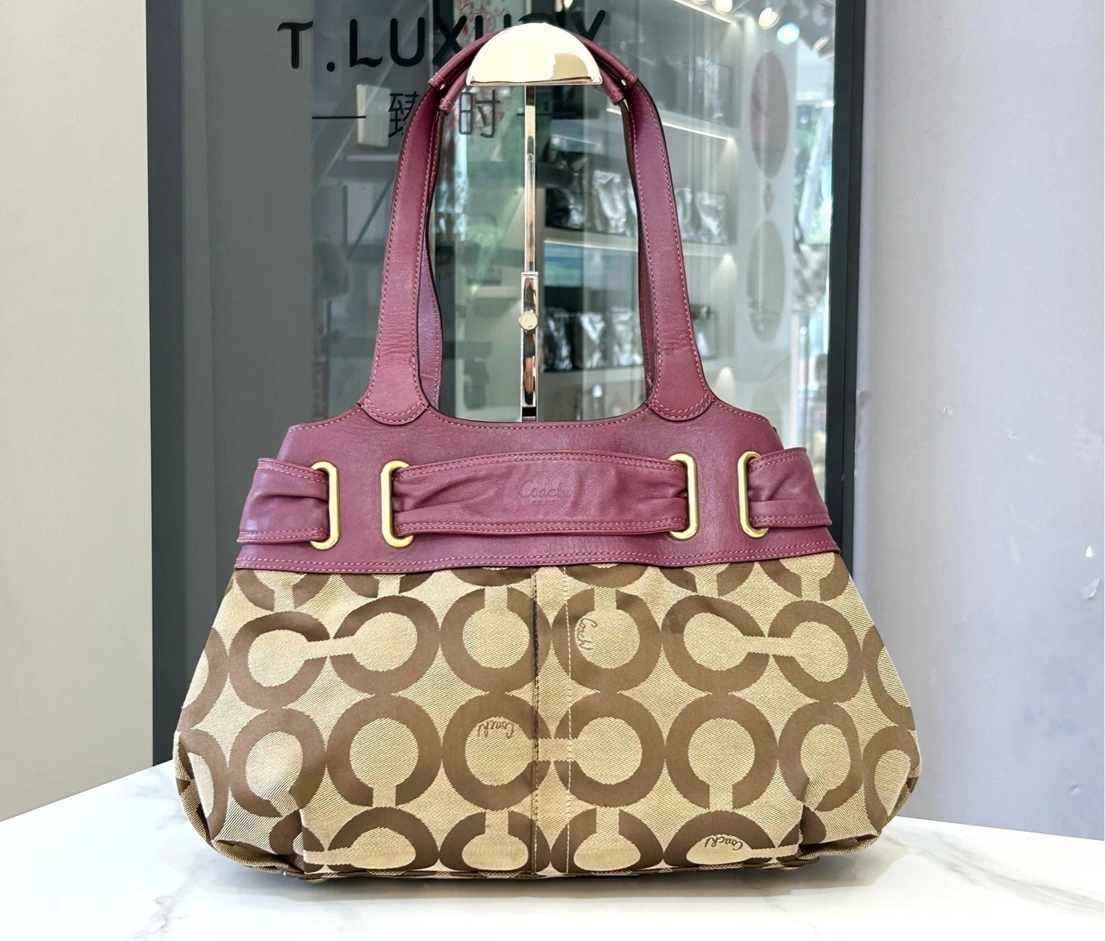 COACH Classic Print Purple Leather Cloud Shoulder Bag For Women