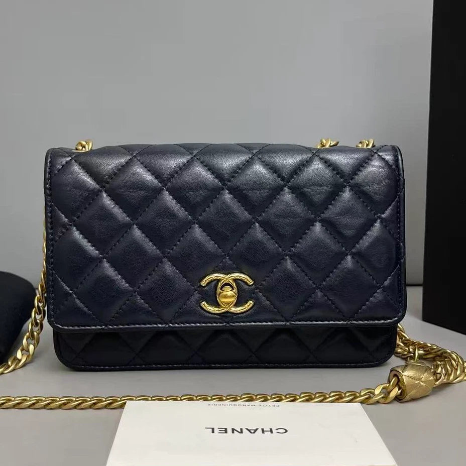 Chanel WOC Diamond Chain Shoulder Bag Crossbody Blue Gold Women Classic