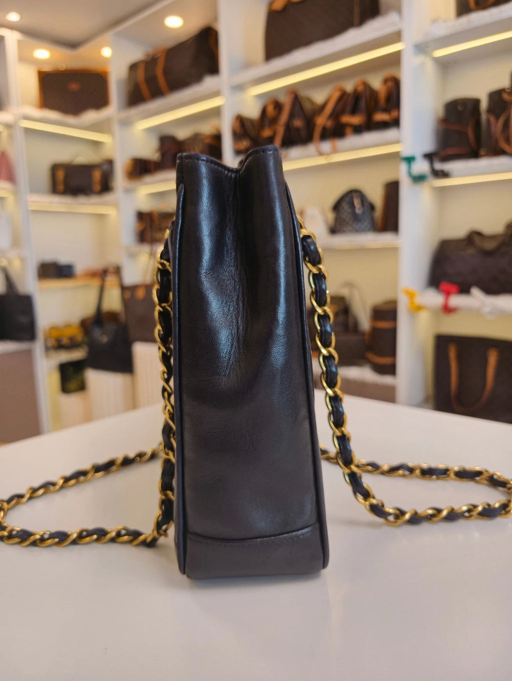 Chanel Lambskin PM Black Tote Chain Shoulder Bag Diamond Gold Hardware