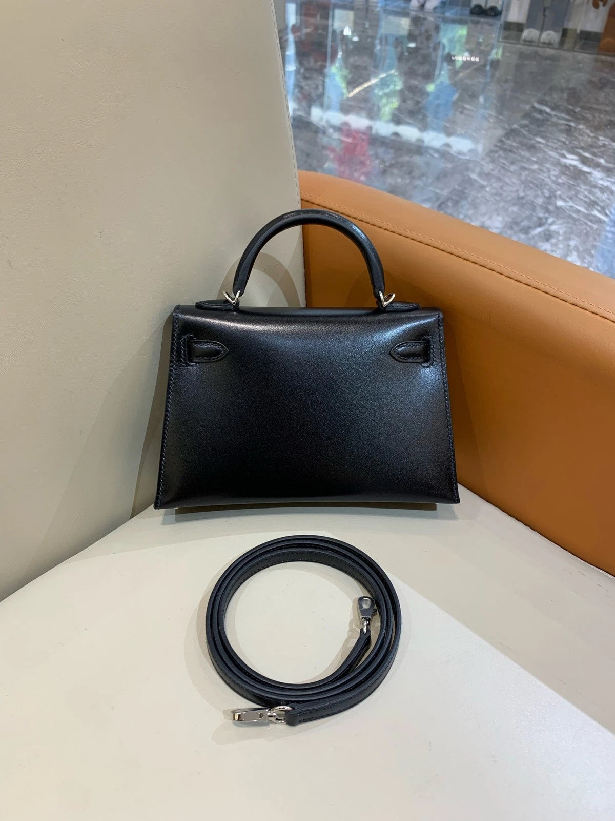 Hermes Mini Kelly Black Silver Box Leather Top Handle Bag For Women