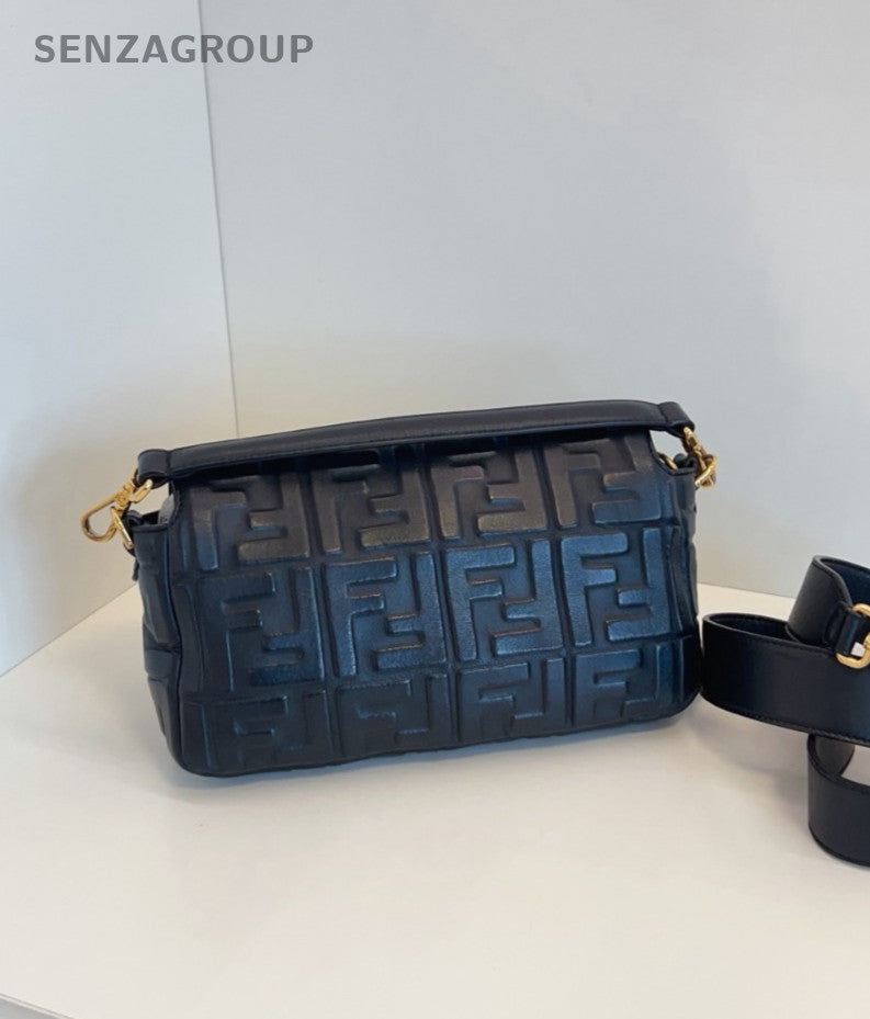 FENDI Baguette MM Monogram 2WAY Shoulder Handbag Black Gold Women