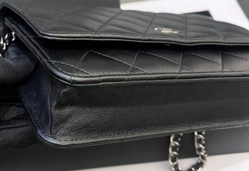Chanel WOC Chain Lambskin Shoulder Bag Black Silver  Diamond Women Classic