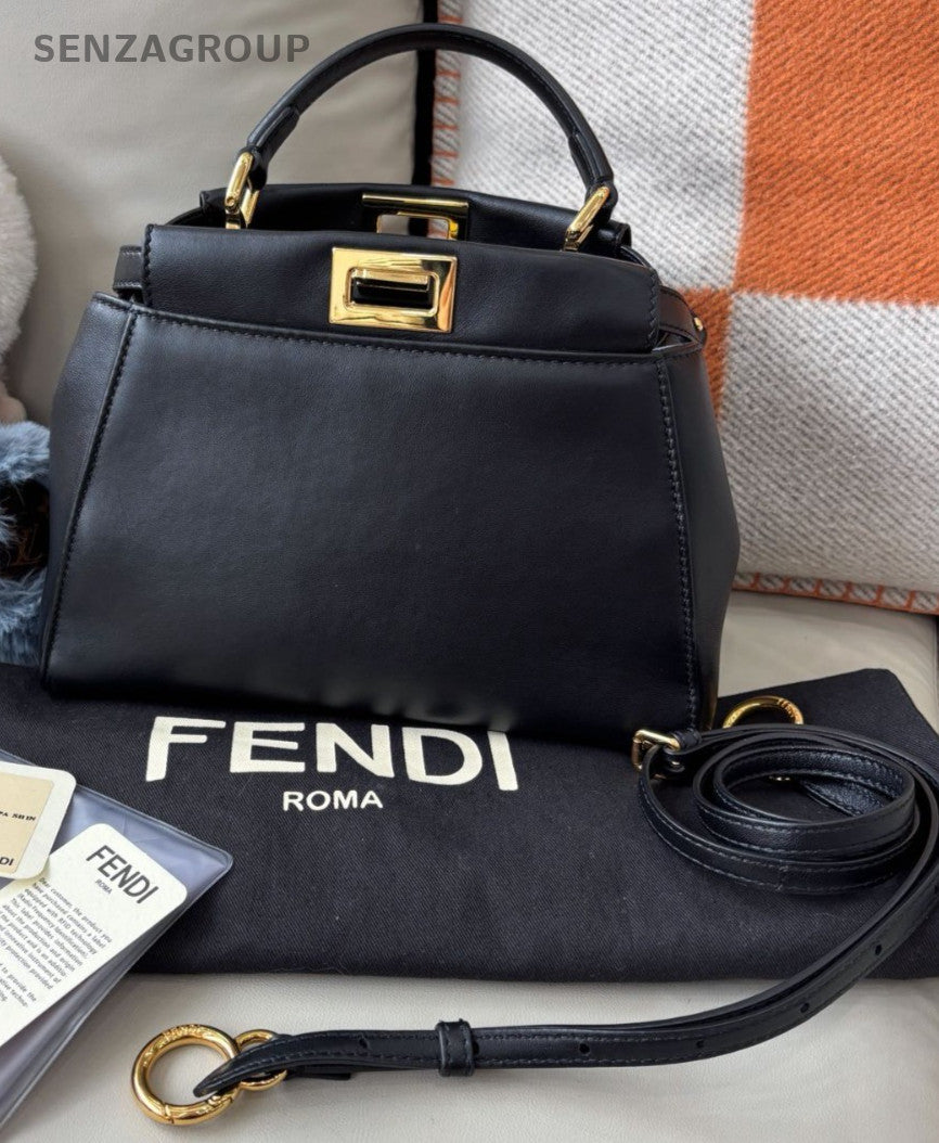Fendi peekaboo PM Top Handle Shoulder Crossbody Bag Black Gold Almost Brand New