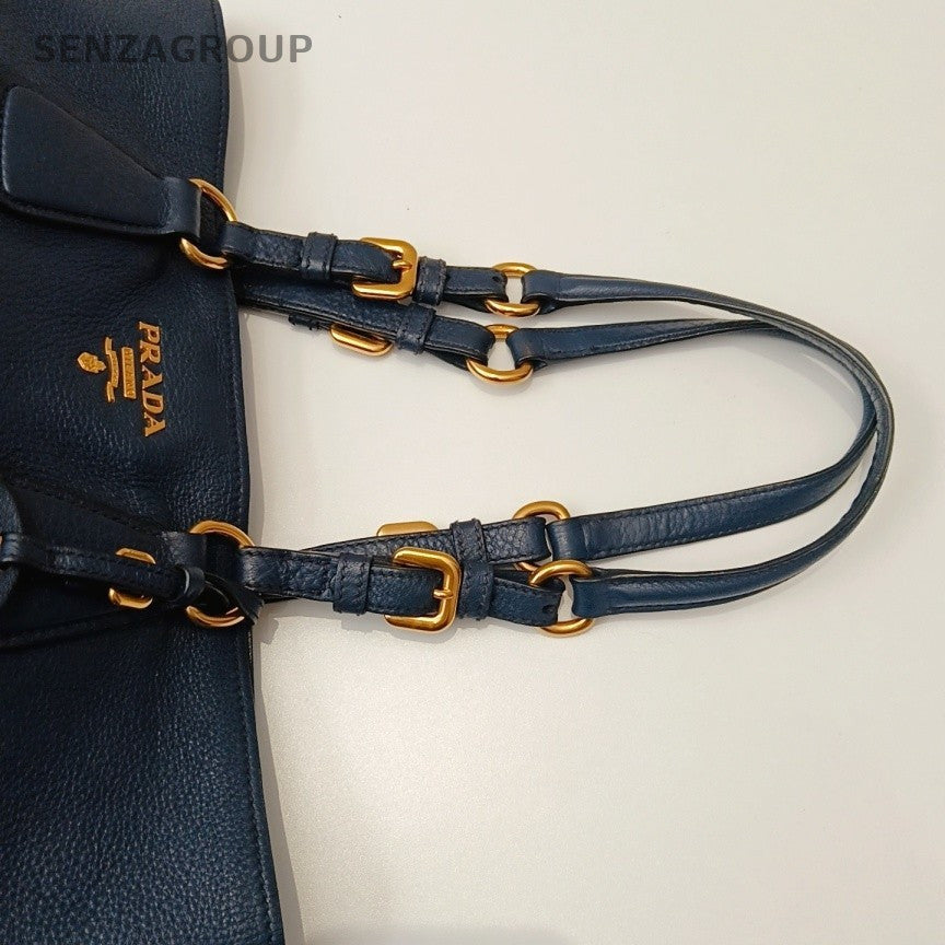 Prada Calfskin Tote Shoulder Bag Blue Gold Used Women Classic