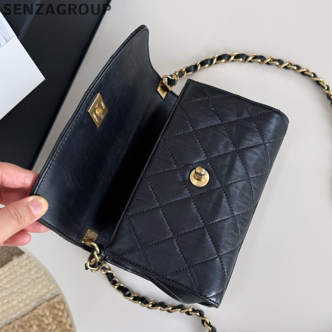 Chanel Kelly Diamond Chain Top Handle Crossbody Black Gold Women Classic