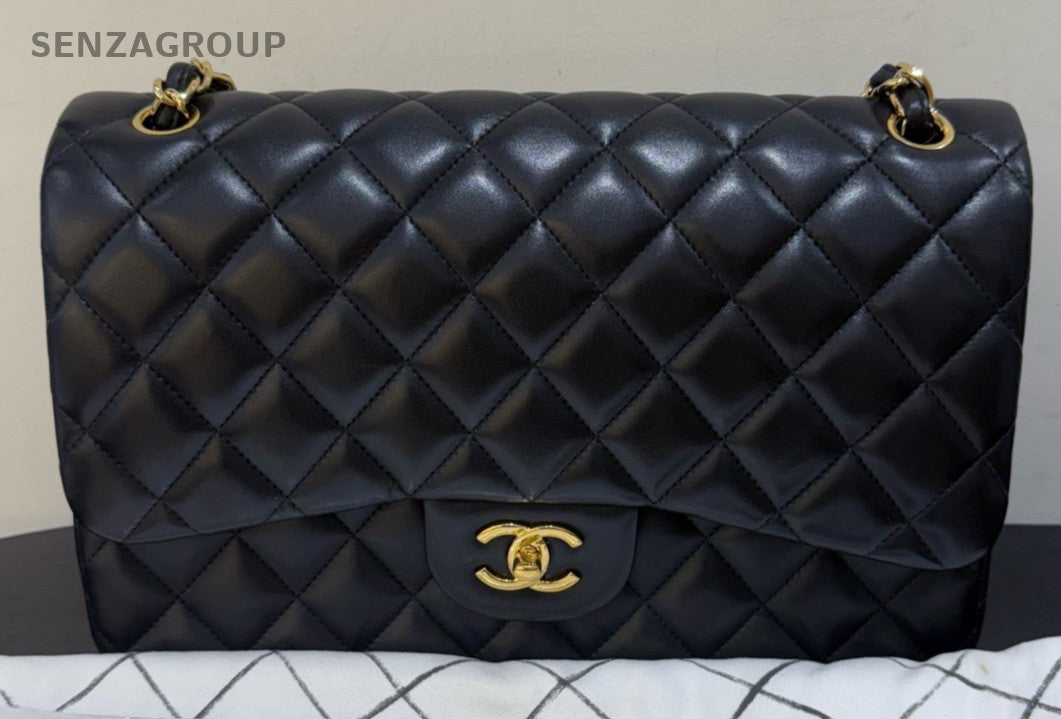 Chanel Classic Flap Jumbo Lambskin Chain Shoulder Bag Black Gold Women Diamond