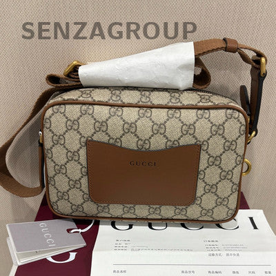 Gucci GG Emblem Camera Bag Beige Brown Gold Buckle Classic Women's Shoulder