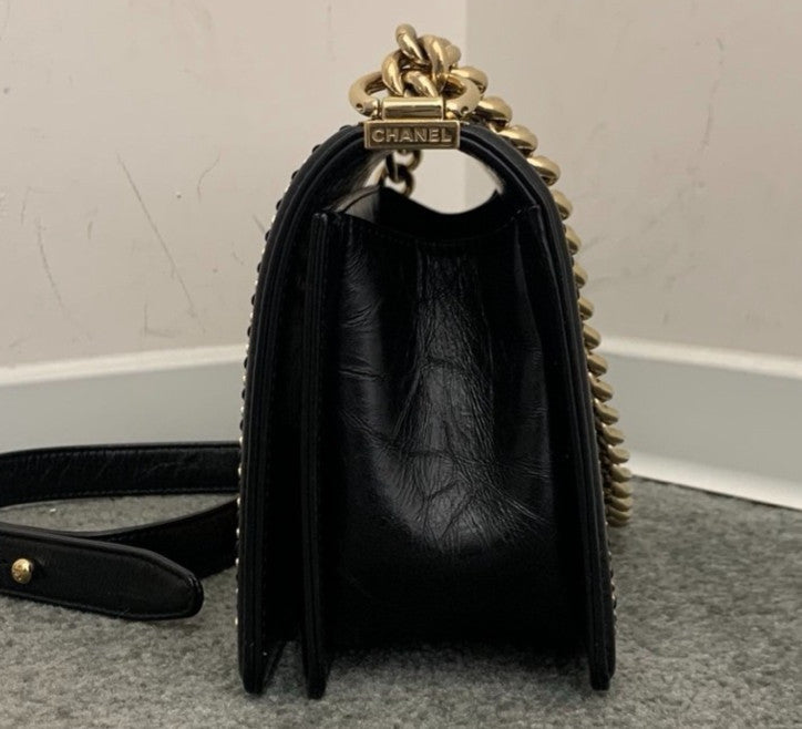 Chanel Leboy MM Chevron Chain Shoulder Bag Black Gold Women Classic Fashion