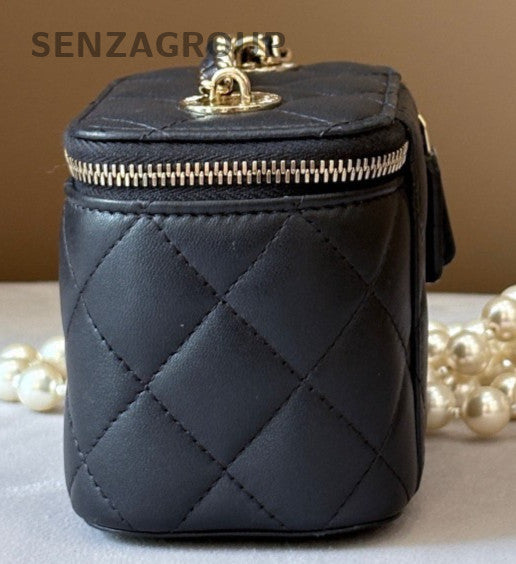 Chanel Lambskin Mini Pearl Chain Shoulder Bag Crossbody Black Gold Women Classic
