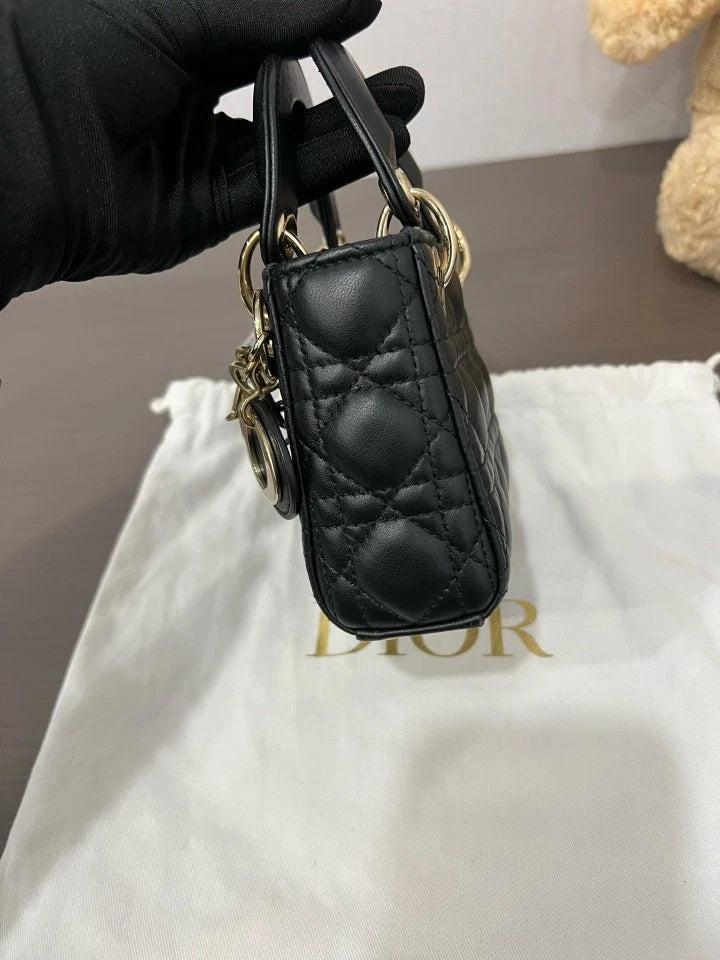 Dior Black Gold Mini Lady Dior Top Handle Bag For Women