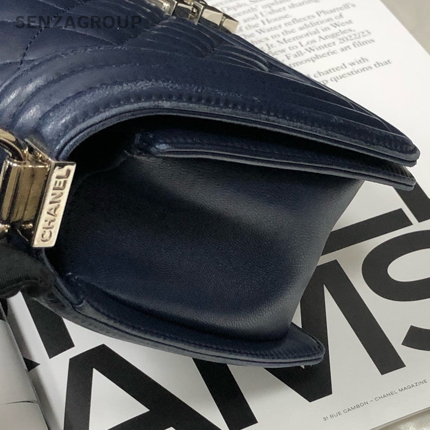 Chanel Lambskin Blue Silver Hardware Medium Boy Bag Chain Shoulder Crossbody