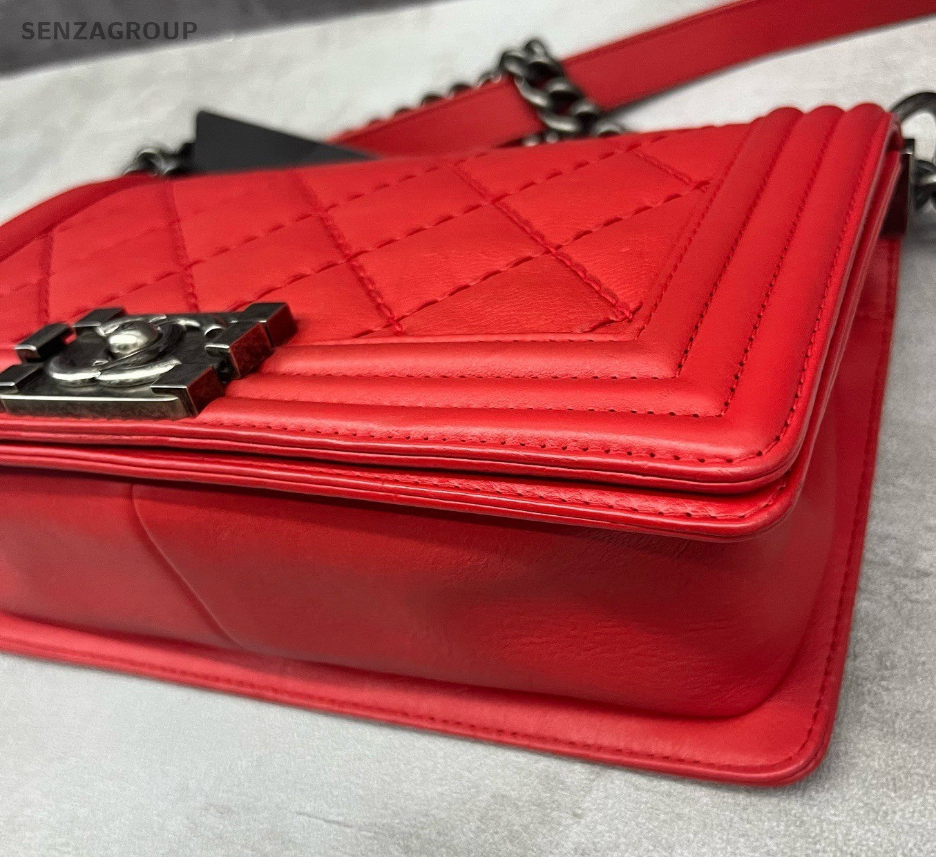 Chanel Leboy MM Calfskin Chain Shoulder Bag Red Silver Women Classic