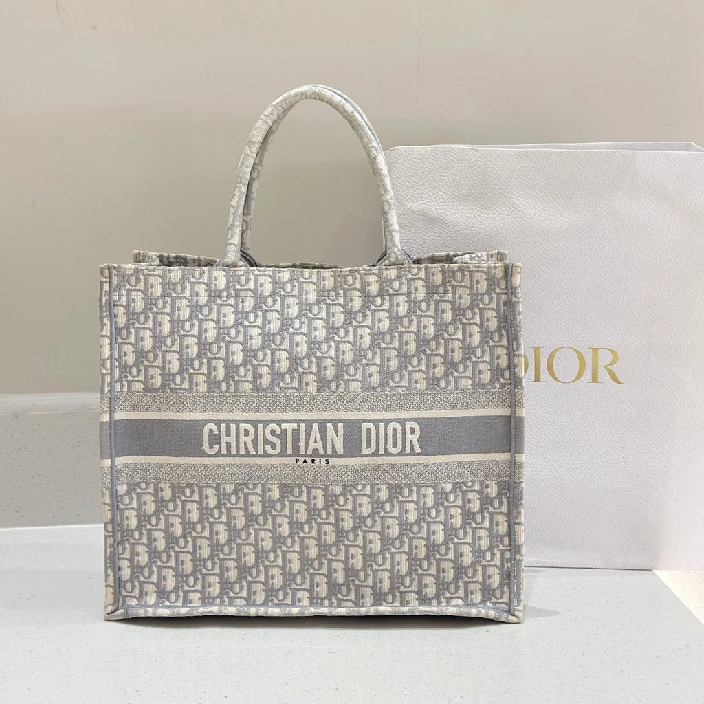 Dior Gray Embroidered Canvas Large Tote Bag For Women